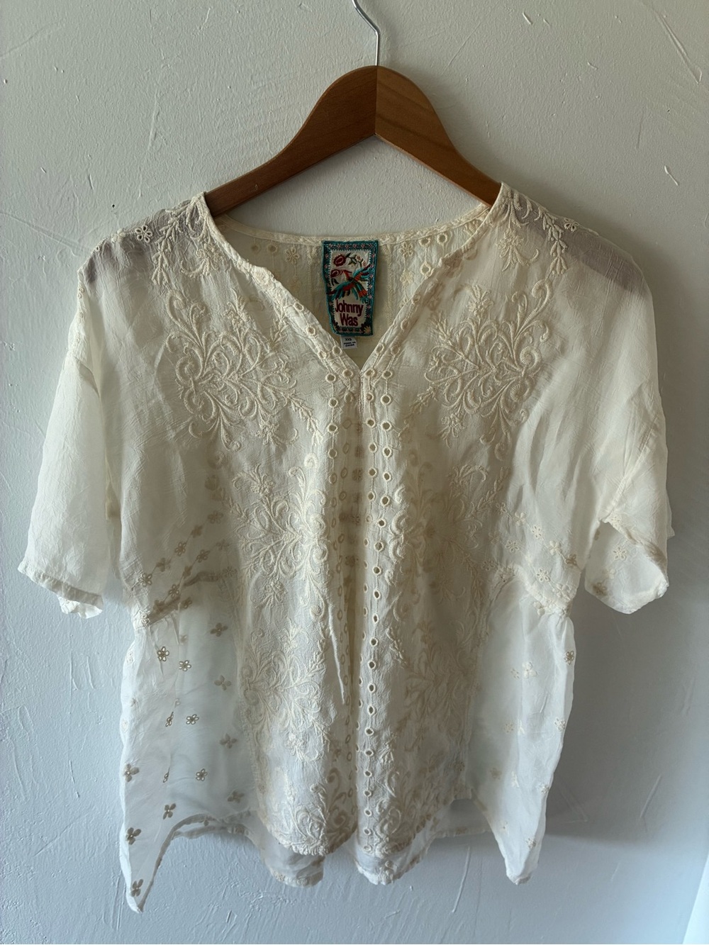 Johnny Was Cream White Embroidered Short-Sleeve Peasant Top XXS Boho Fairycore